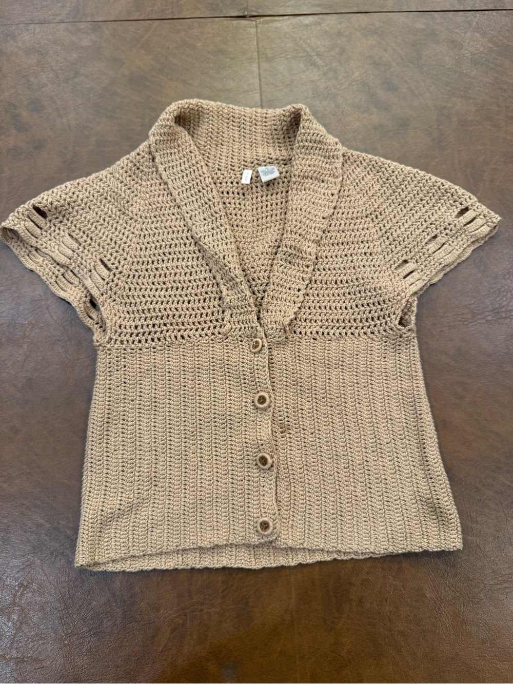 Moth Anthropologie Tan Crochet Short Sleeve Cardigan Top - Size Medium